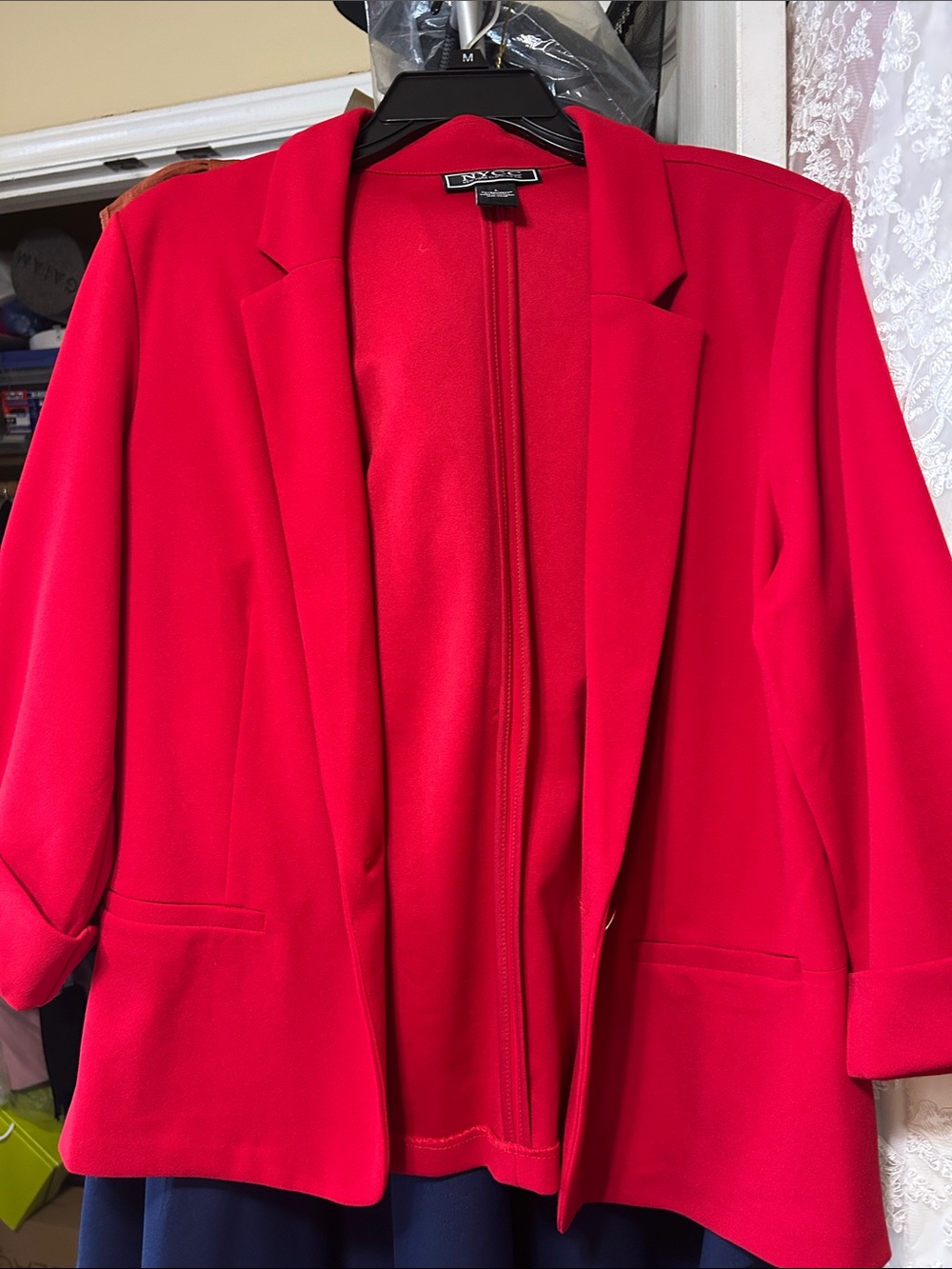 New York & Company Bright Red Open-Front Shawl Collar Blazer